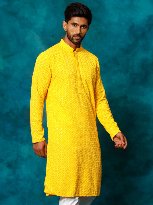 VASTRAMAY Men's Yellow Rayon Schiffli Kurta