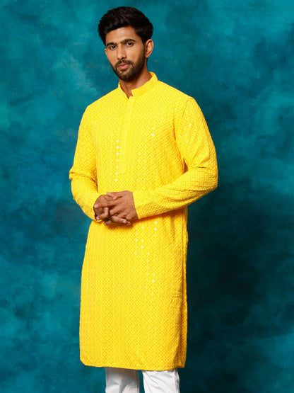 VASTRAMAY Men's Yellow Rayon Schiffli Kurta