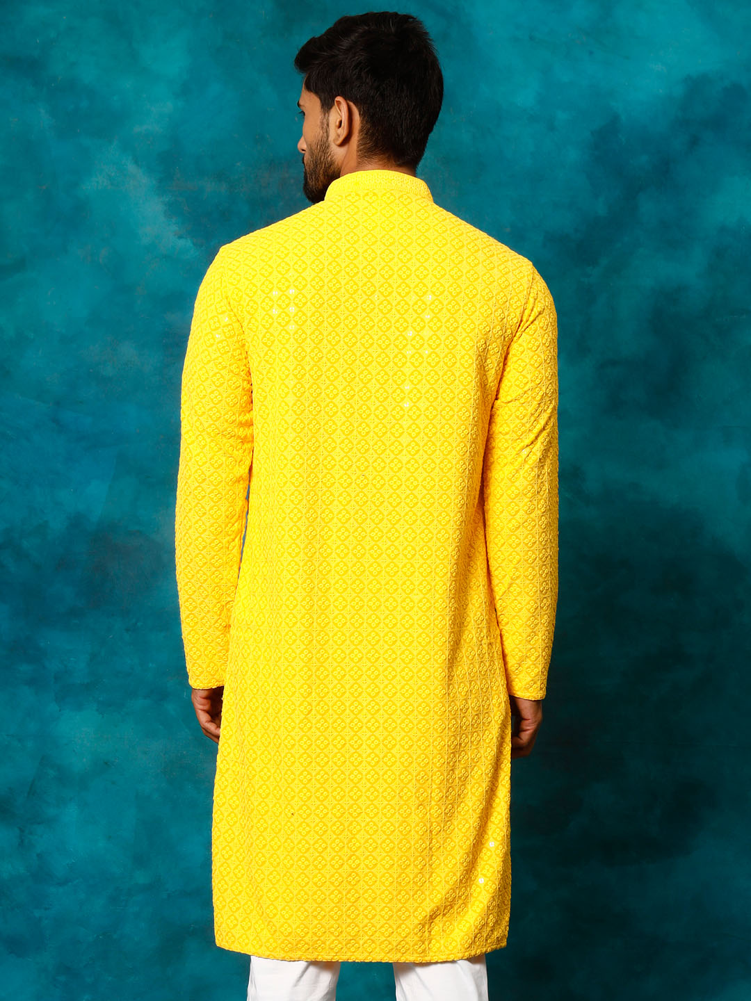 VASTRAMAY Men's Yellow Rayon Schiffli Kurta