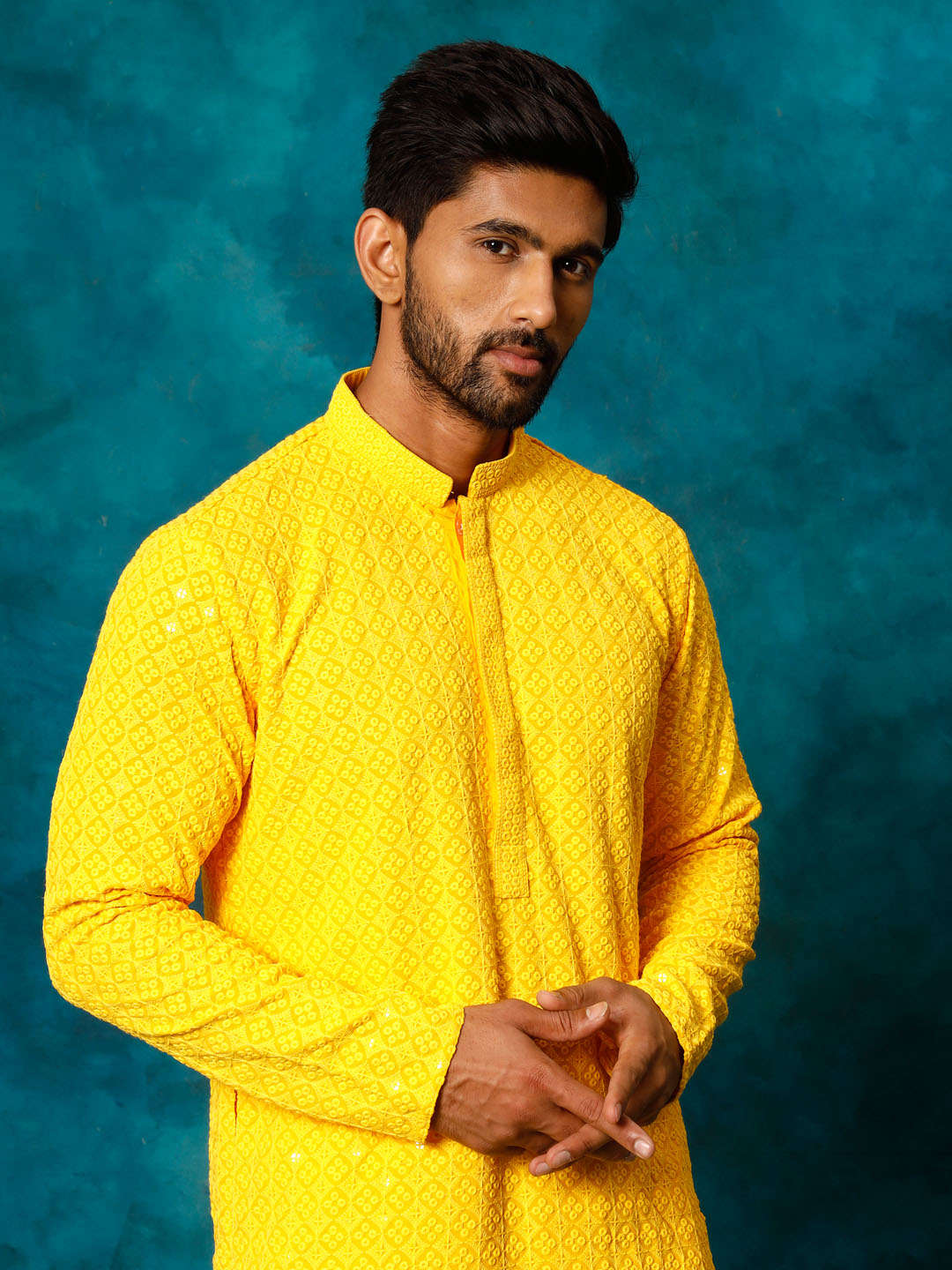 VASTRAMAY Men's Yellow Rayon Schiffli Kurta