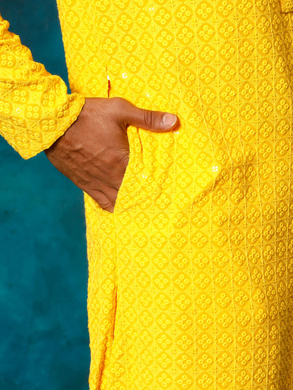 VASTRAMAY Men's Yellow Rayon Schiffli Kurta