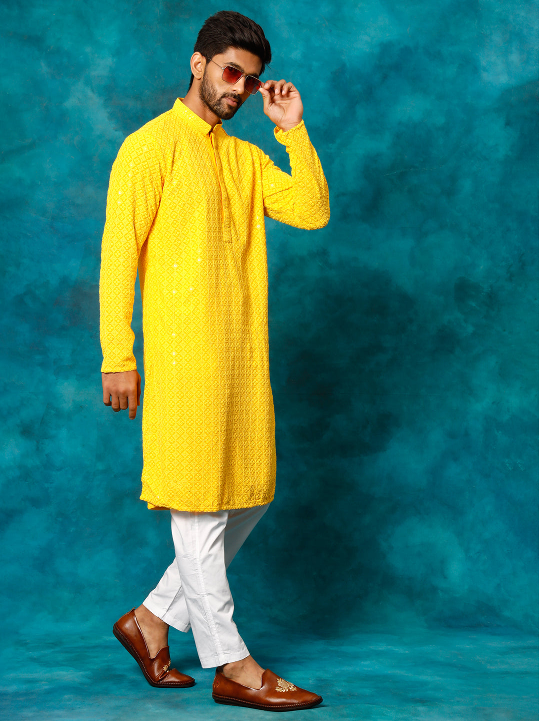 VASTRAMAY Men's Yellow Rayon Schiffli Kurta