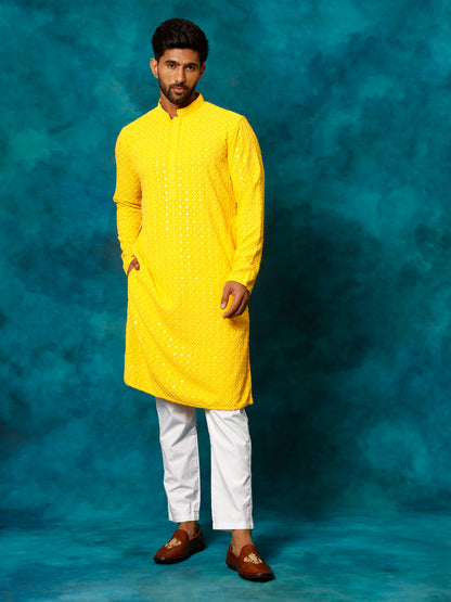 VASTRAMAY Men's Yellow Rayon Schiffli Kurta And Pant Set