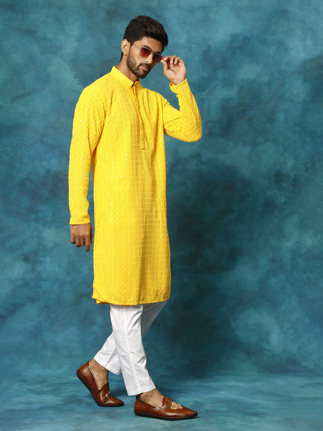 VASTRAMAY Men's Yellow Rayon Schiffli Kurta And Pant Set