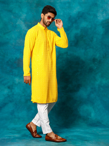 VASTRAMAY Men's Yellow Rayon Schiffli Kurta And Pant Set