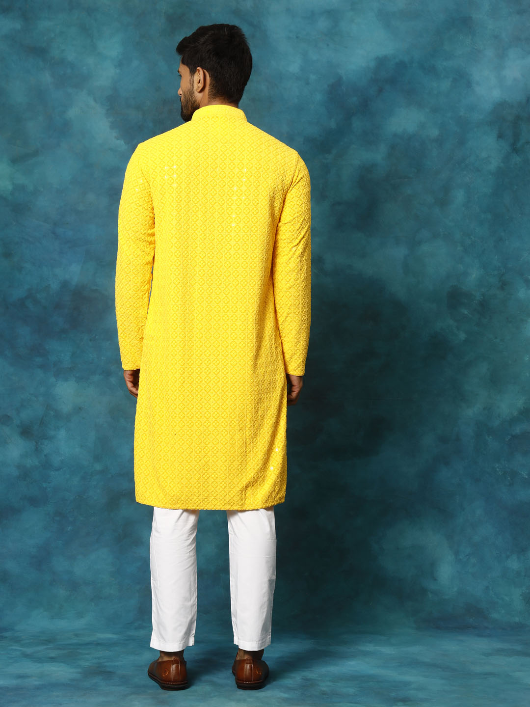 VASTRAMAY Men's Yellow Rayon Schiffli Kurta And Pant Set