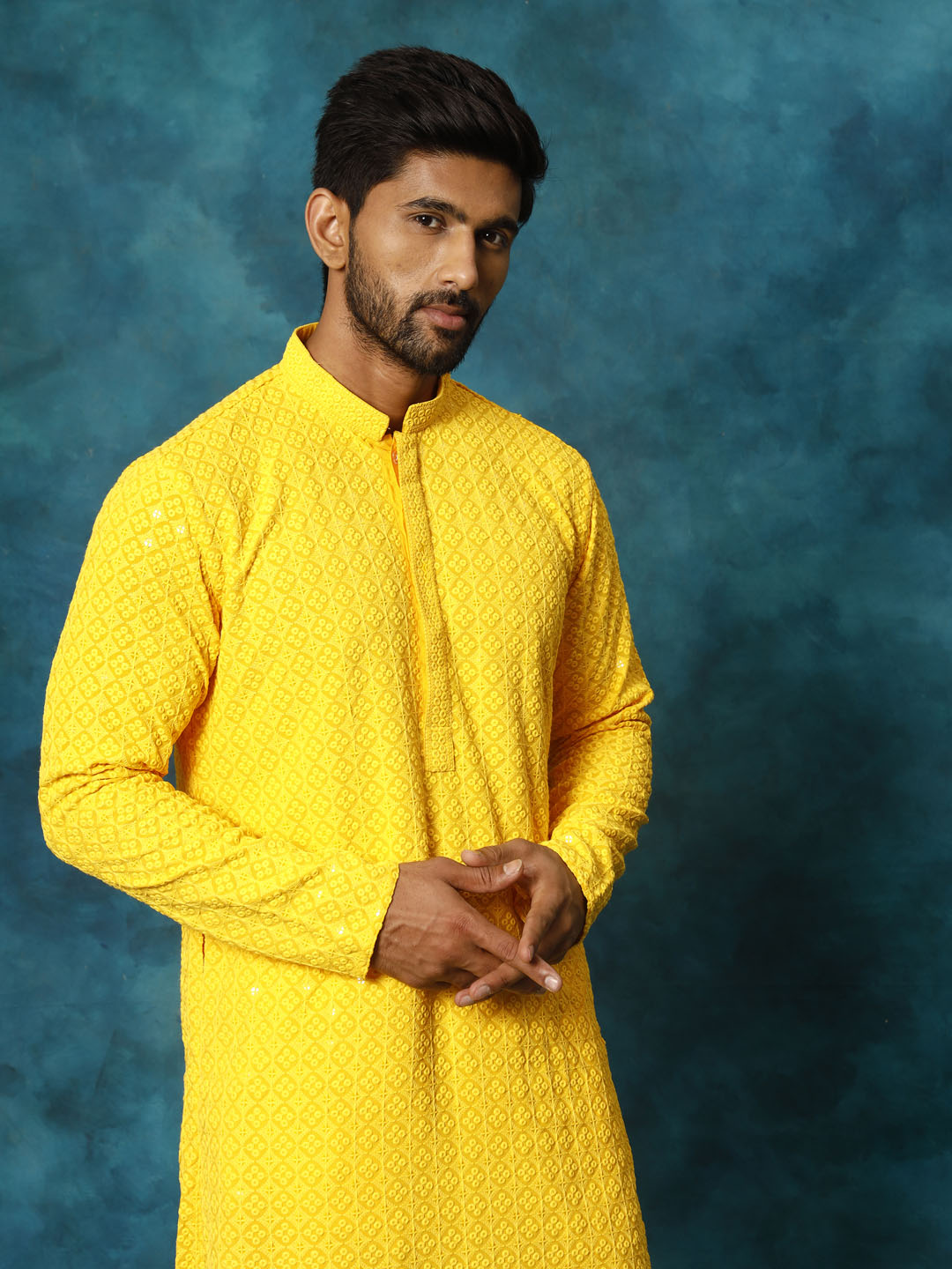 VASTRAMAY Men's Yellow Rayon Schiffli Kurta And Pant Set