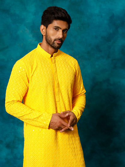 VASTRAMAY Men's Yellow Rayon Schiffli Kurta And Pant Set