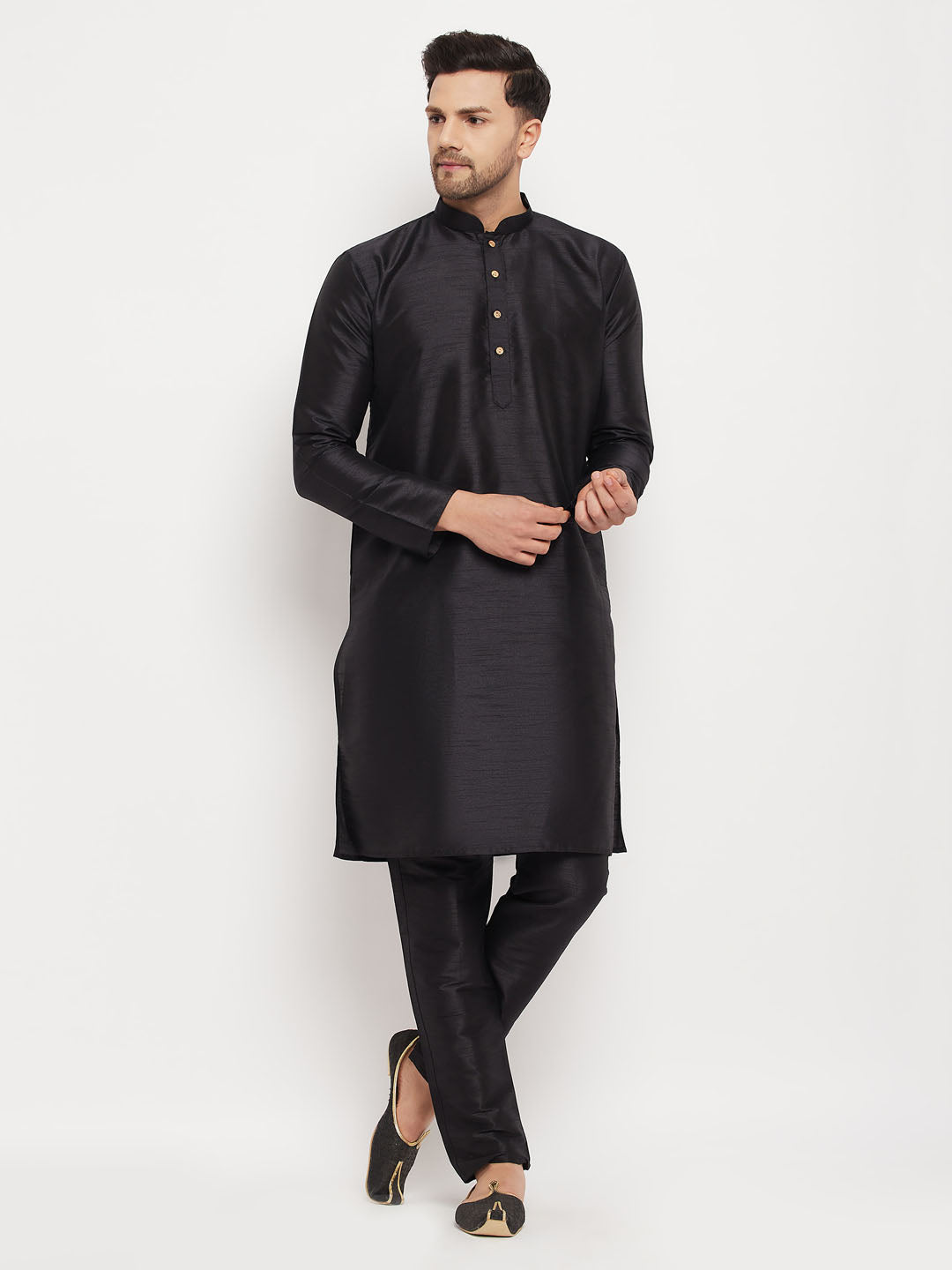 vastramay mens black silk blend kurta and black pant style pyjama set