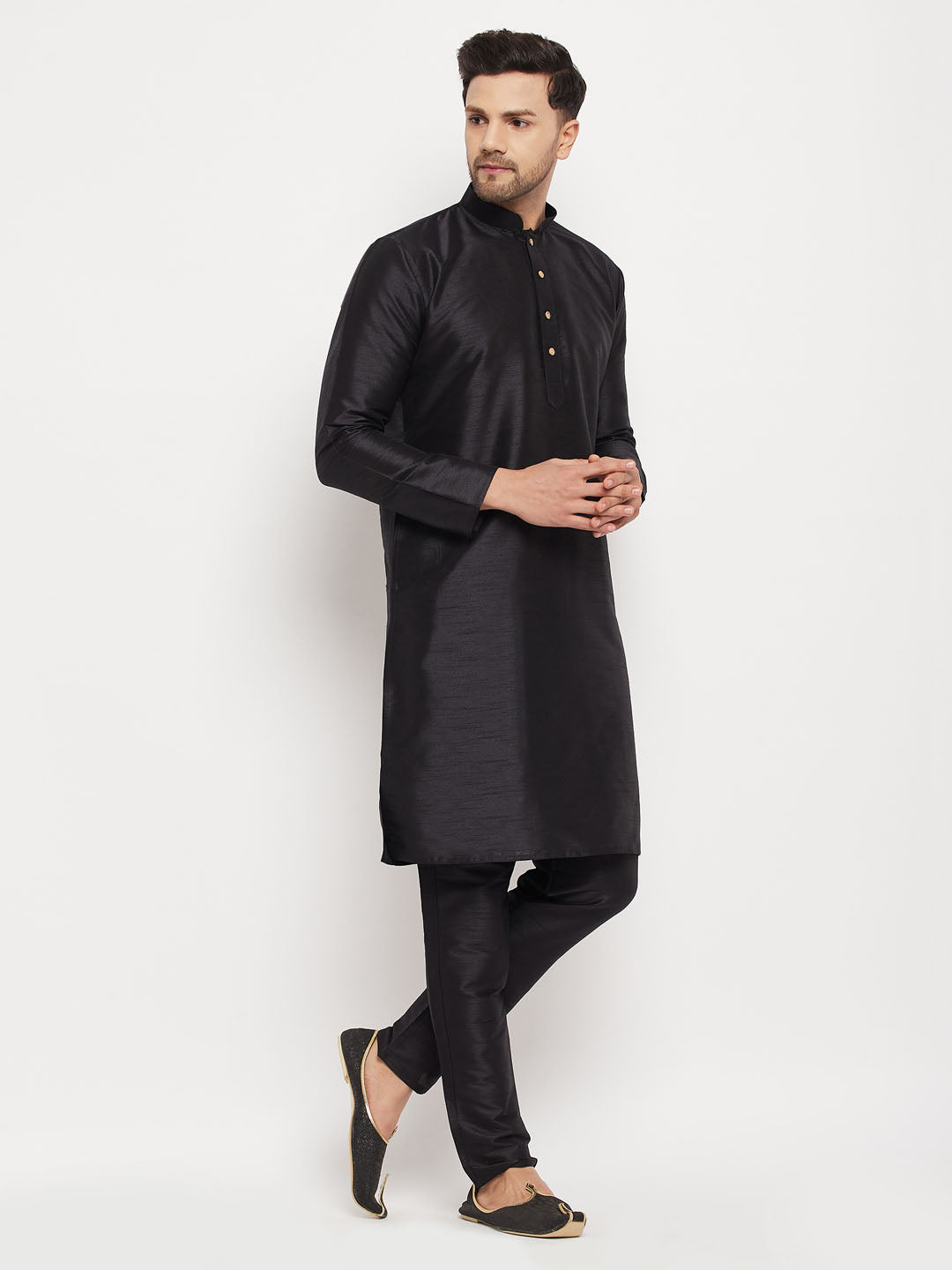 vastramay mens black silk blend kurta and black pant style pyjama set