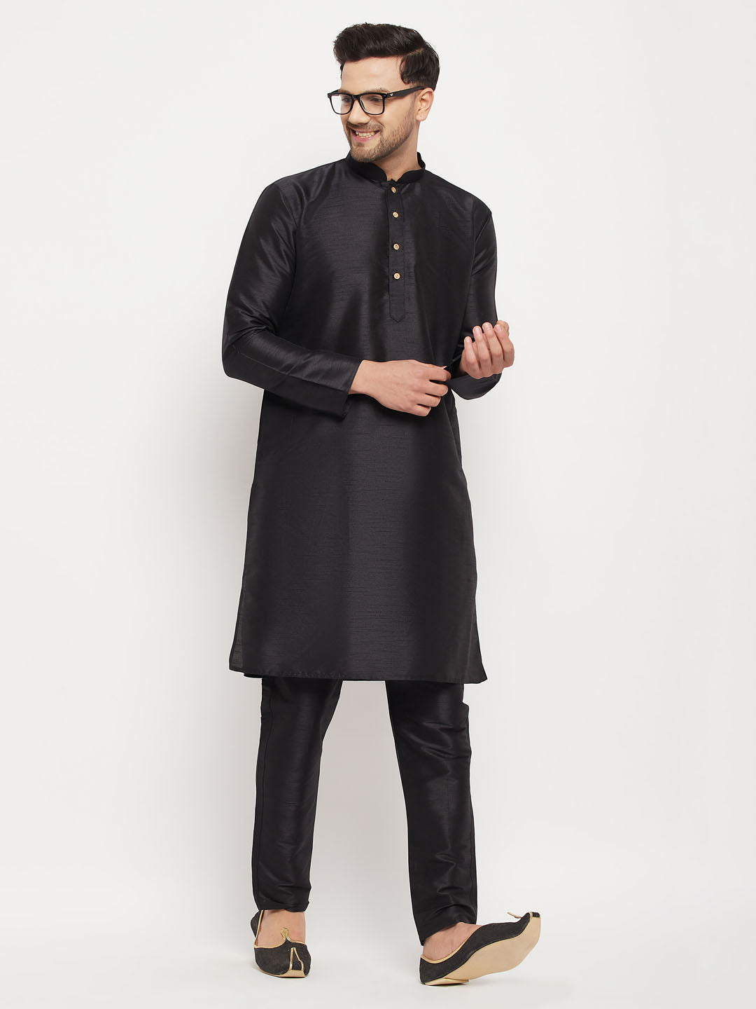 vastramay mens black silk blend kurta and black pant style pyjama set