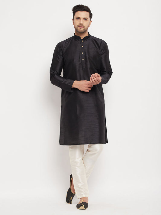 vastramay mens black silk blend kurta and cream pant style pyjama set