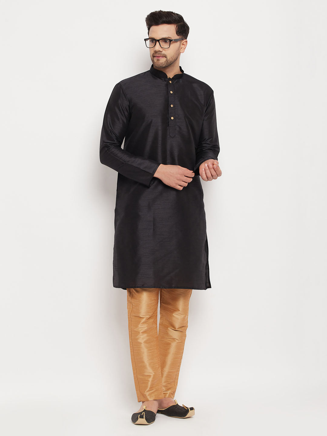 vastramay mens black silk blend kurta and rose gold pant style pyjama set 1