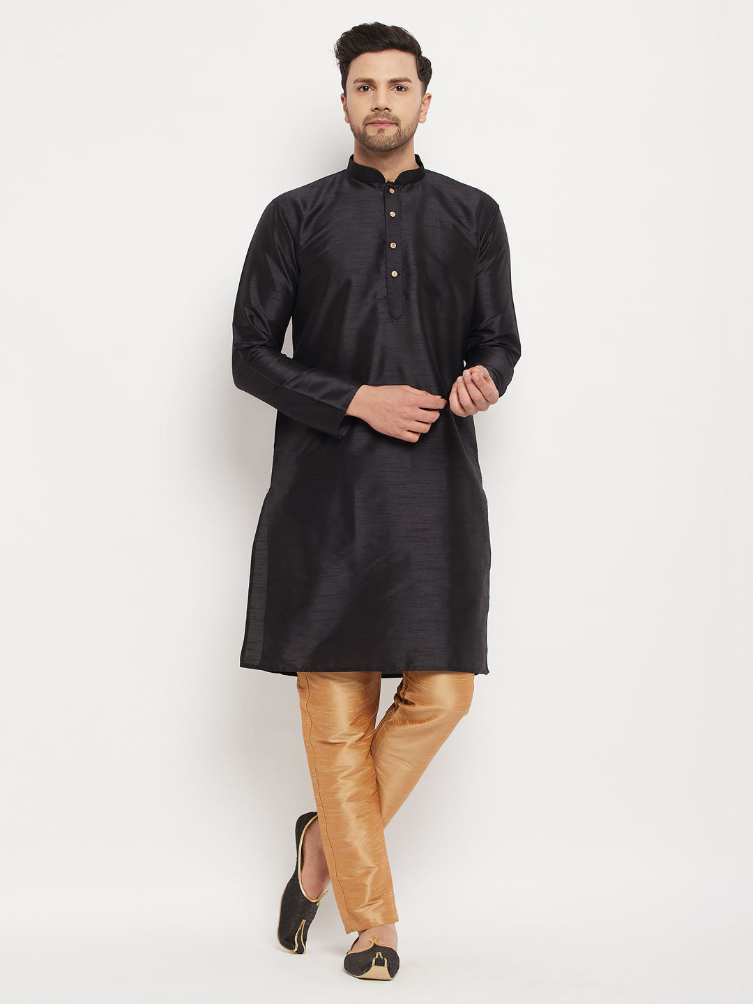 vastramay mens black silk blend kurta and rose gold pant style pyjama set 1