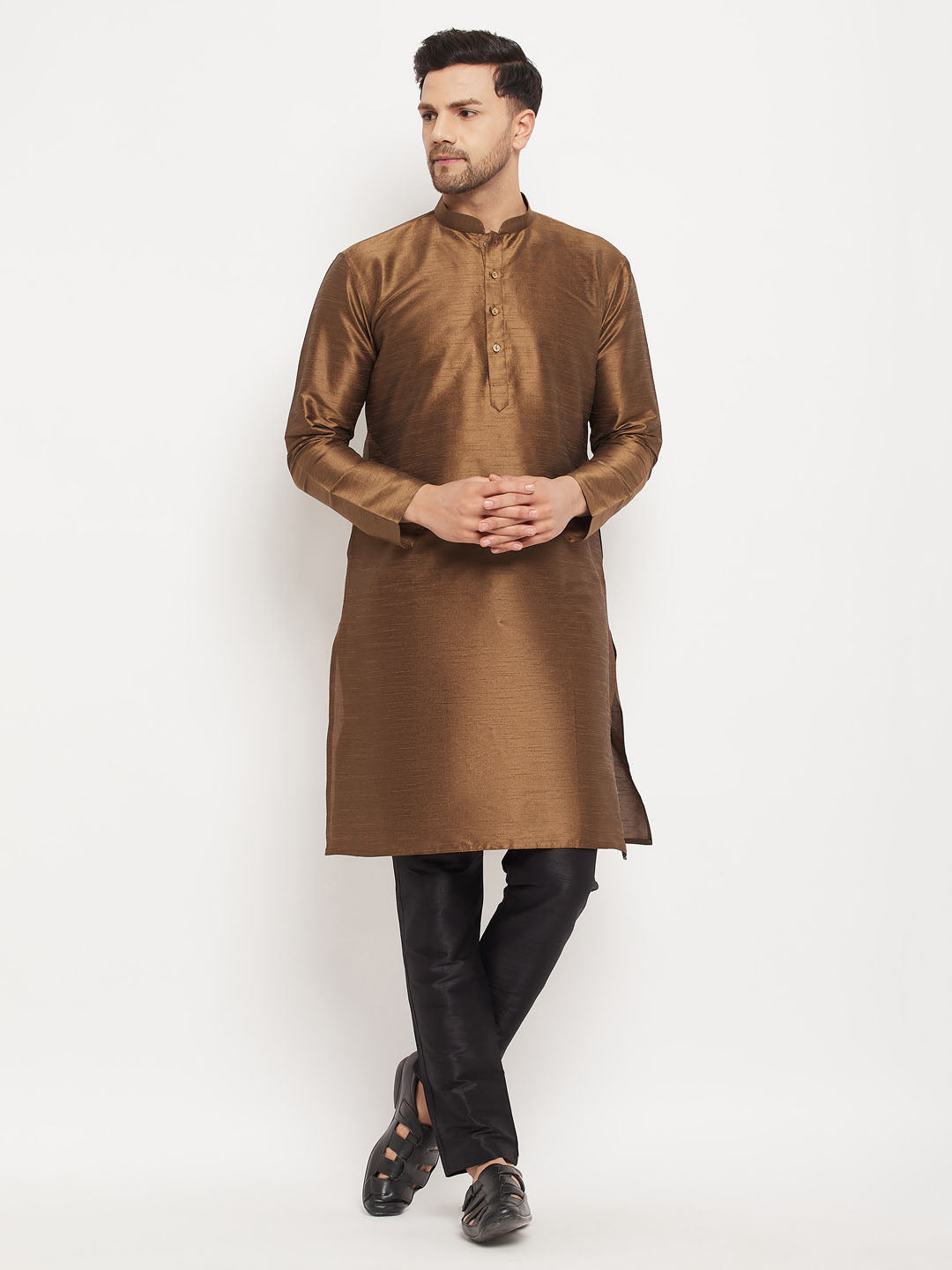 vastramay mens coffee silk blend kurta and black pant style pyjama set