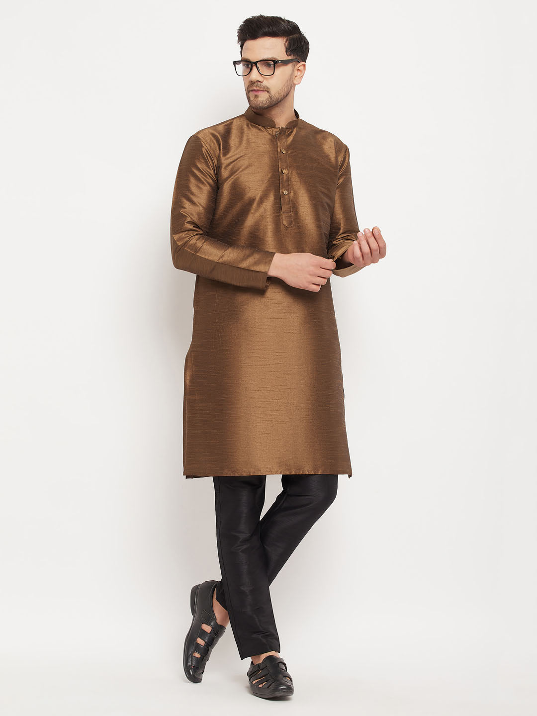 vastramay mens coffee silk blend kurta and black pant style pyjama set