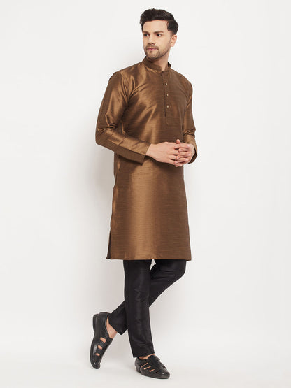 vastramay mens coffee silk blend kurta and black pant style pyjama set