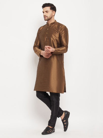 vastramay mens coffee silk blend kurta and black pant style pyjama set