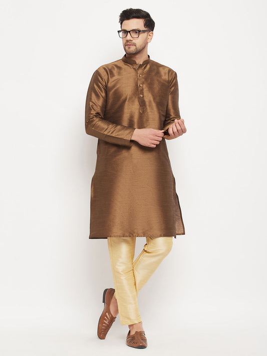 vastramay mens coffee silk blend kurta and gold pant style pyjama set