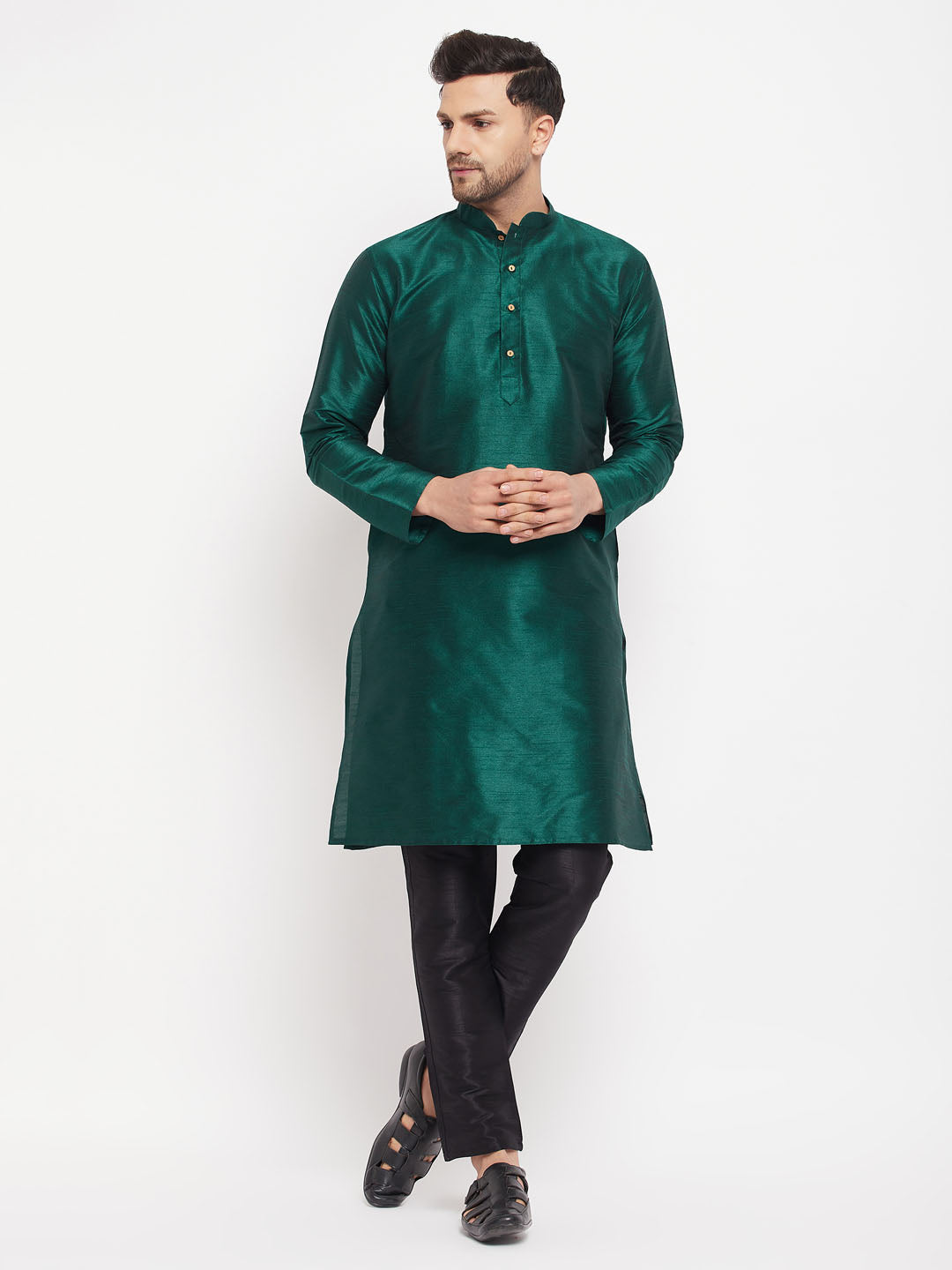Vastramay mens green cotton silk blend kurta and black pant style pyjama set