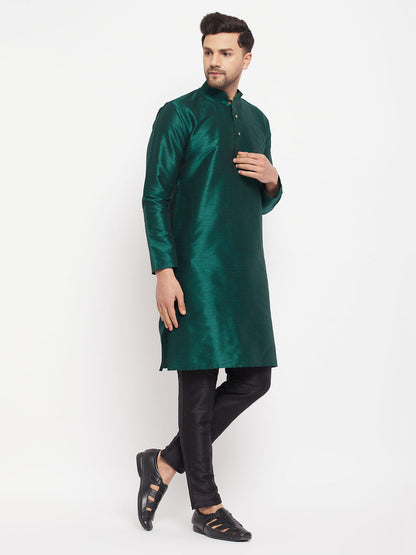 Vastramay mens green cotton silk blend kurta and black pant style pyjama set