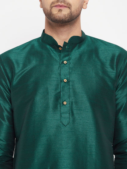 Vastramay mens green cotton silk blend kurta and black pant style pyjama set