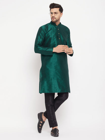 Vastramay mens green cotton silk blend kurta and black pant style pyjama set