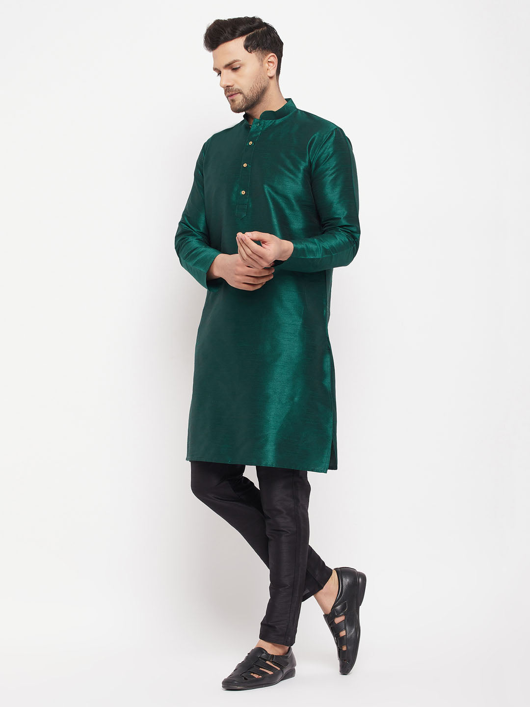 Vastramay mens green cotton silk blend kurta and black pant style pyjama set