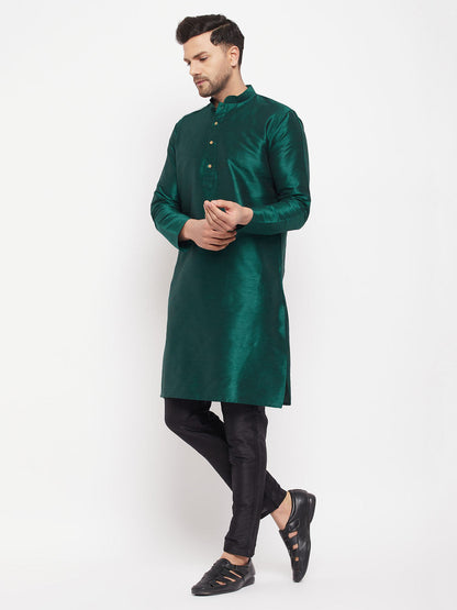 Vastramay mens green cotton silk blend kurta and black pant style pyjama set