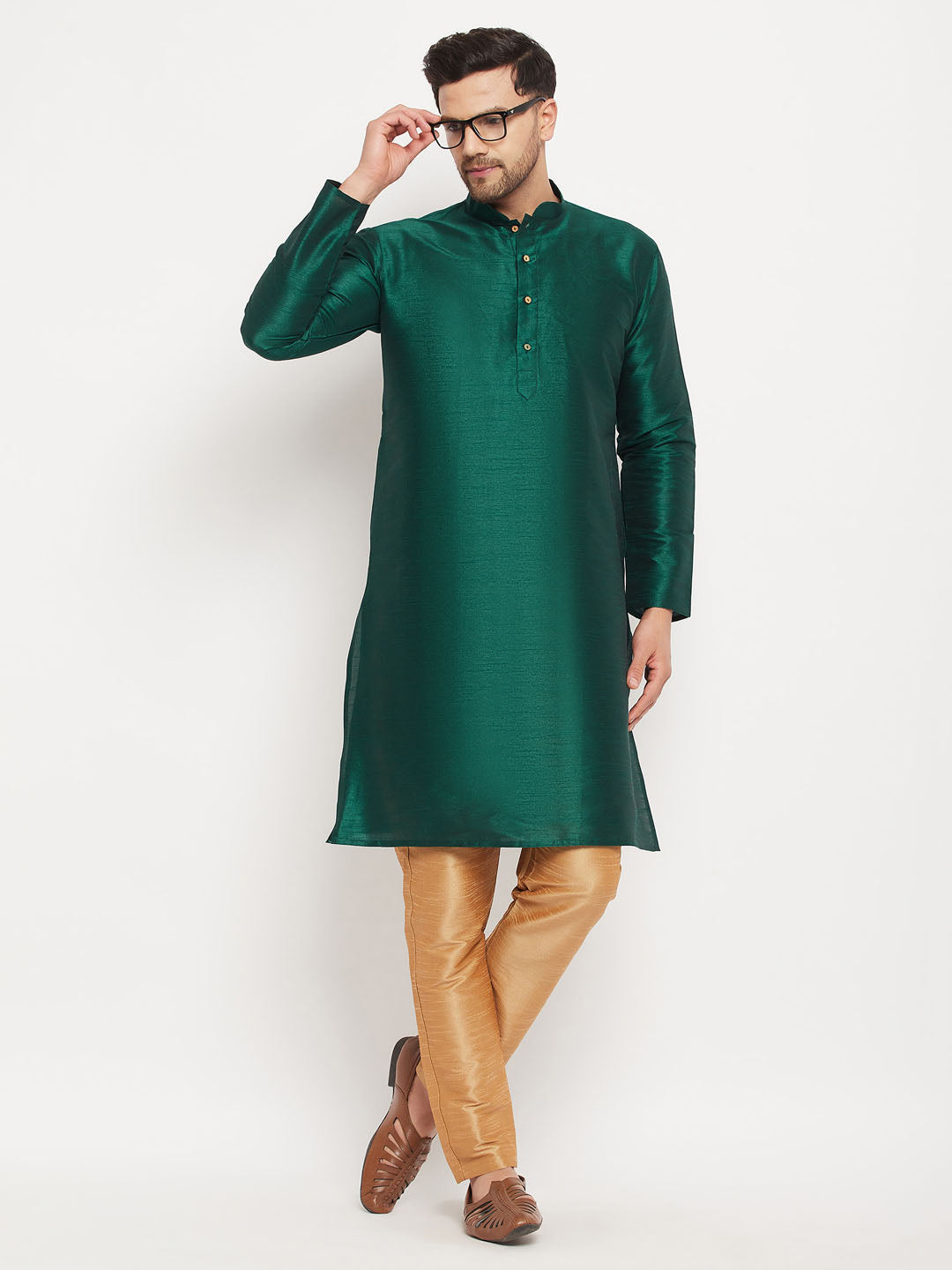 Vastramay mens green cotton silk blend kurta and rose gold pant style pyjama set