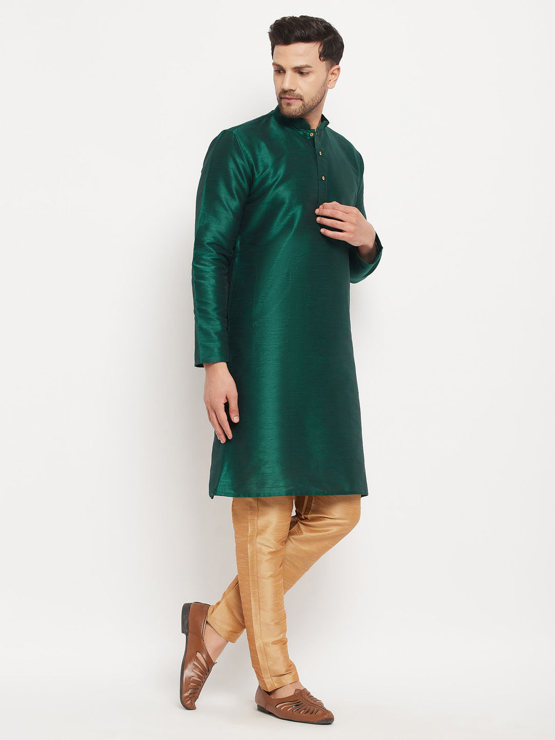 Vastramay mens green cotton silk blend kurta and rose gold pant style pyjama set