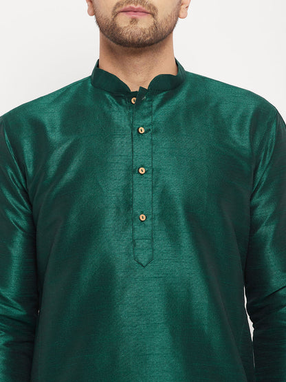 Vastramay mens green cotton silk blend kurta and rose gold pant style pyjama set