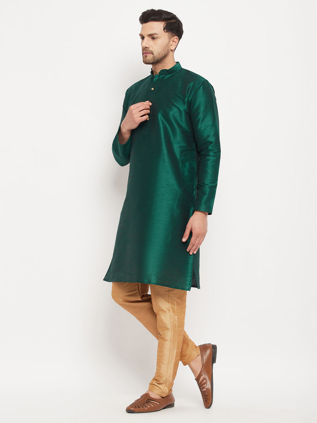 Vastramay mens green cotton silk blend kurta and rose gold pant style pyjama set