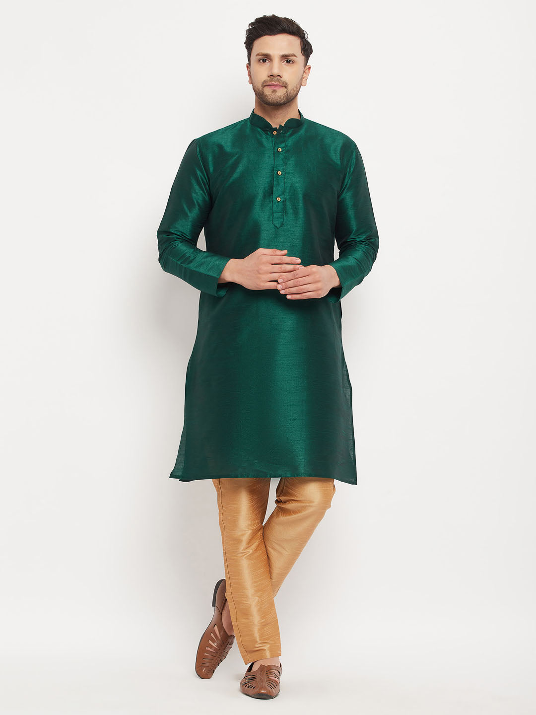 Vastramay mens green cotton silk blend kurta and rose gold pant style pyjama set