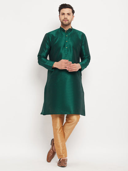 Vastramay mens green cotton silk blend kurta and rose gold pant style pyjama set