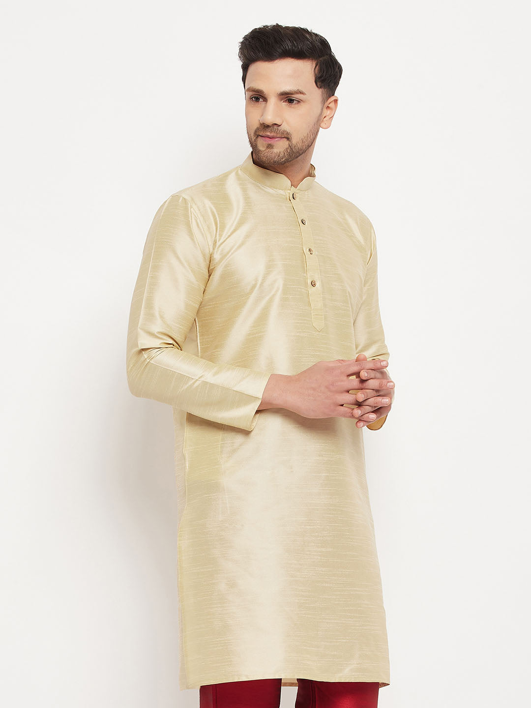 Vastramay Men's Gold Cotton Silk Blend Kurta