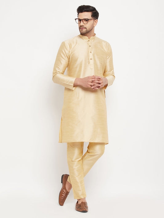 Vastramay mens gold cotton silk blend kurta and gold pant style pyjama set