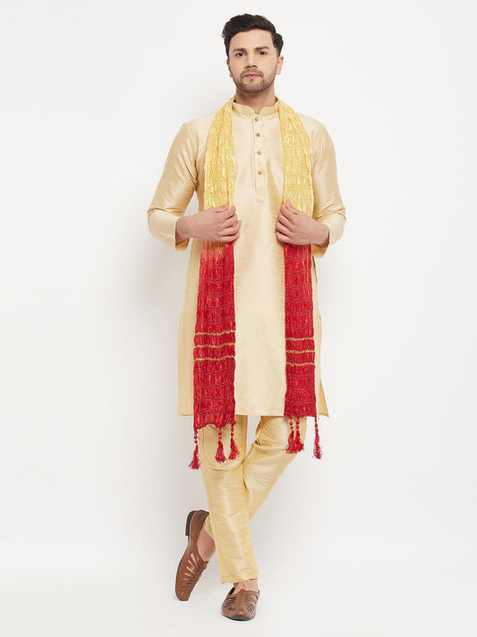 Vastramay mens gold cotton silk blend kurta and gold pant style pyjama set with dupatta