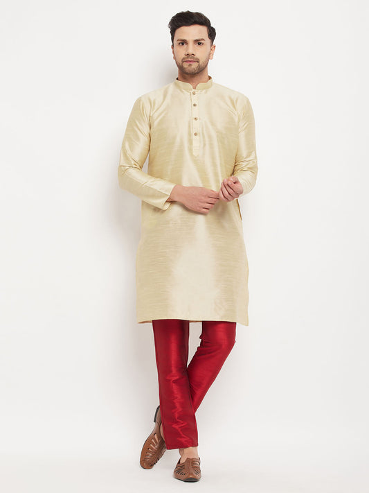 Vastramay mens gold cotton silk blend kurta and maroon pant style pyjama set