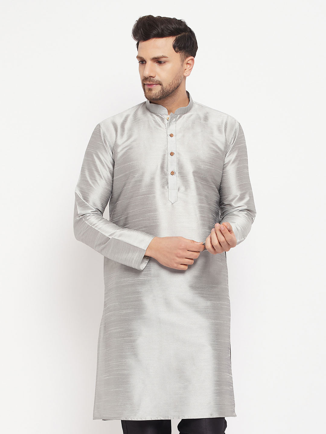 Vastramay Men's Grey Cotton Silk Blend Kurta