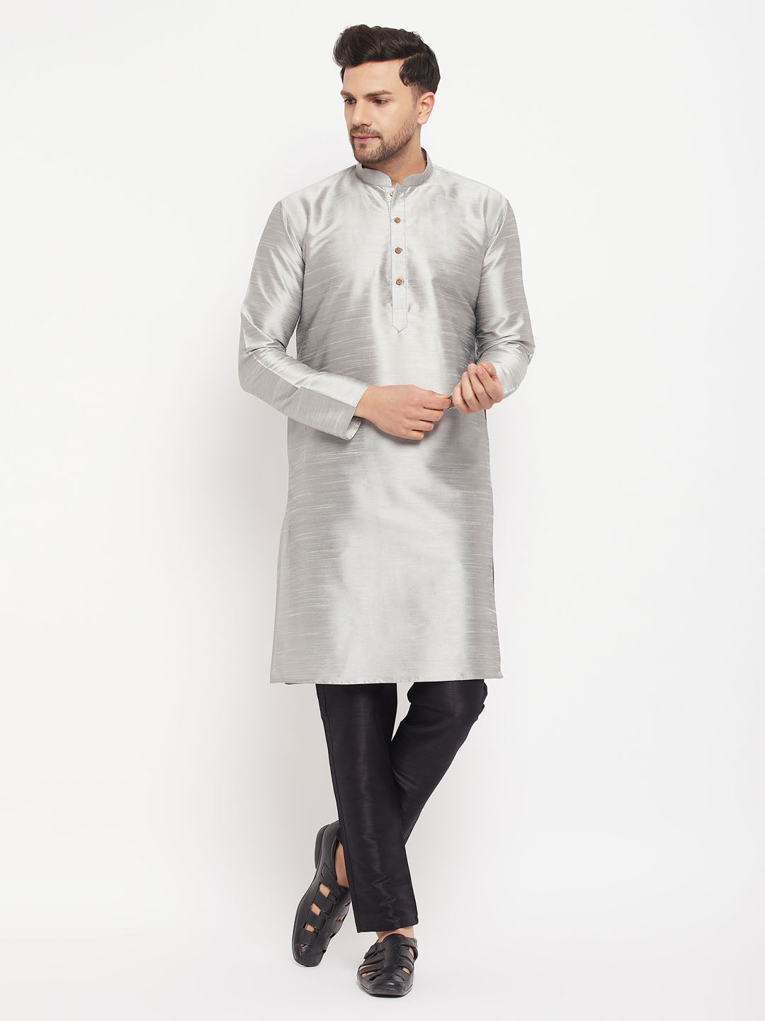 VASTRAMAY Men's Grey Silk Blend Kurta and Black Pant Style Pyjama Set