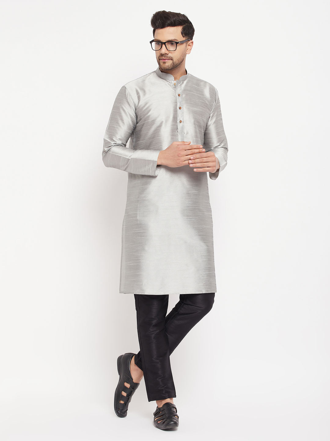 VASTRAMAY Men's Grey Silk Blend Kurta and Black Pant Style Pyjama Set