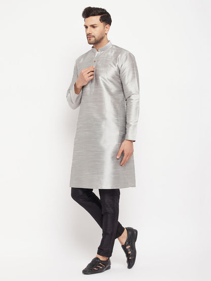 VASTRAMAY Men's Grey Silk Blend Kurta and Black Pant Style Pyjama Set