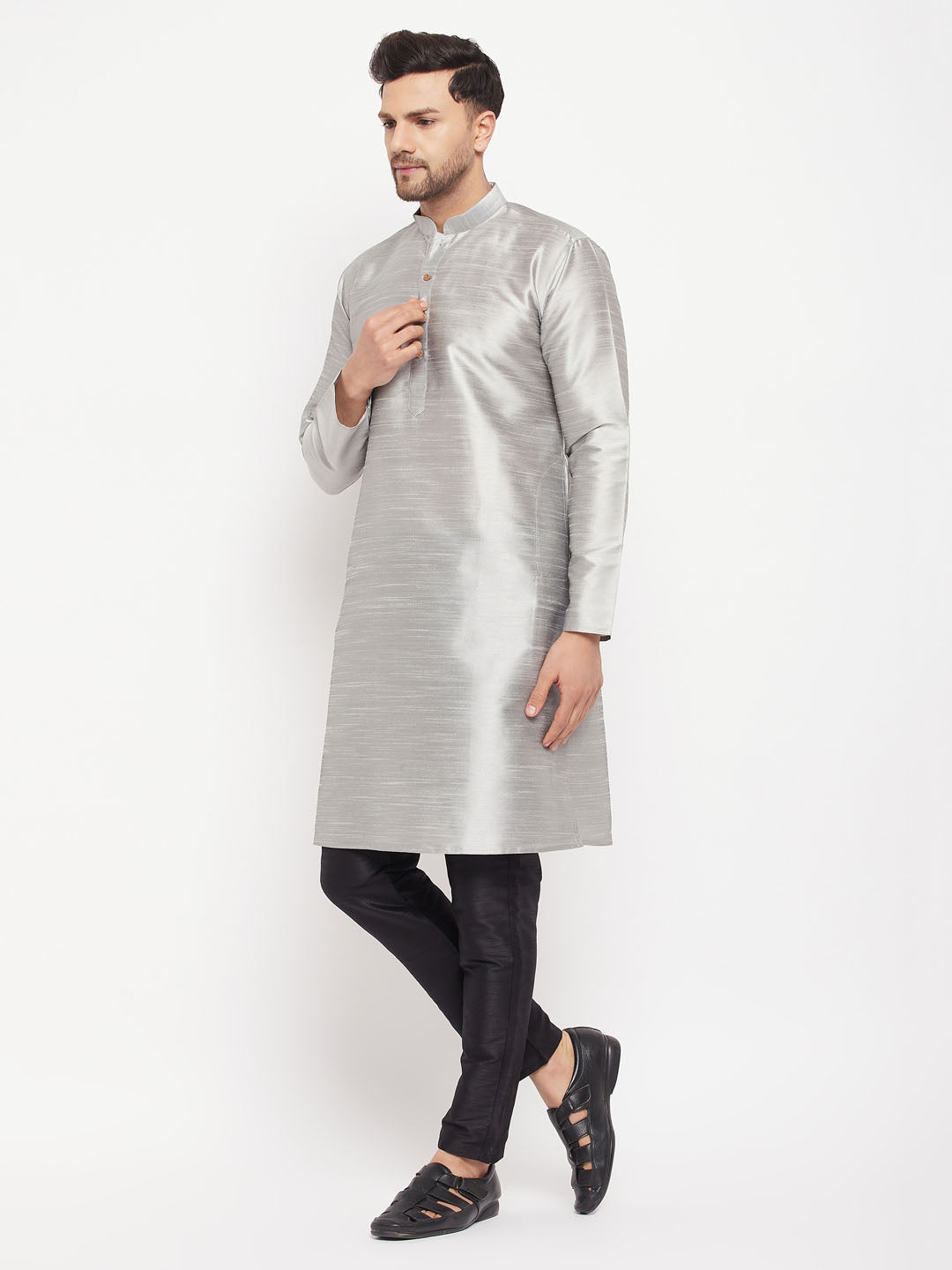 Vastramay Men's Grey Silk Blend Kurta and Black Pant Style Pyjama Set