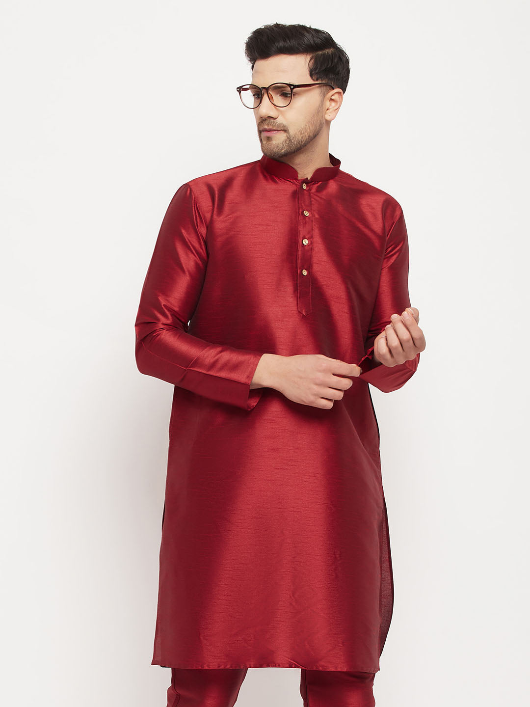 Vastramay Men's Maroon Cotton Silk Blend Kurta