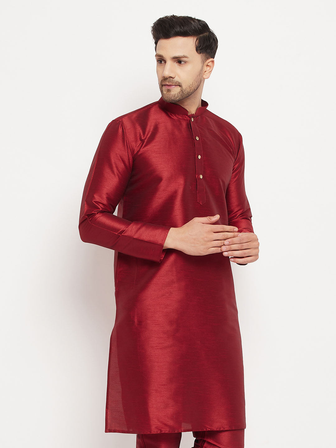 Vastramay Men's Maroon Cotton Silk Blend Kurta