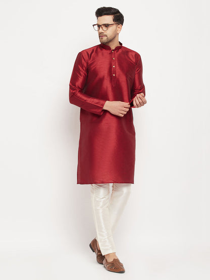 VASTRAMAY Men's Maroon Silk Blend Kurta and Cream Pant Style Pyjama Set