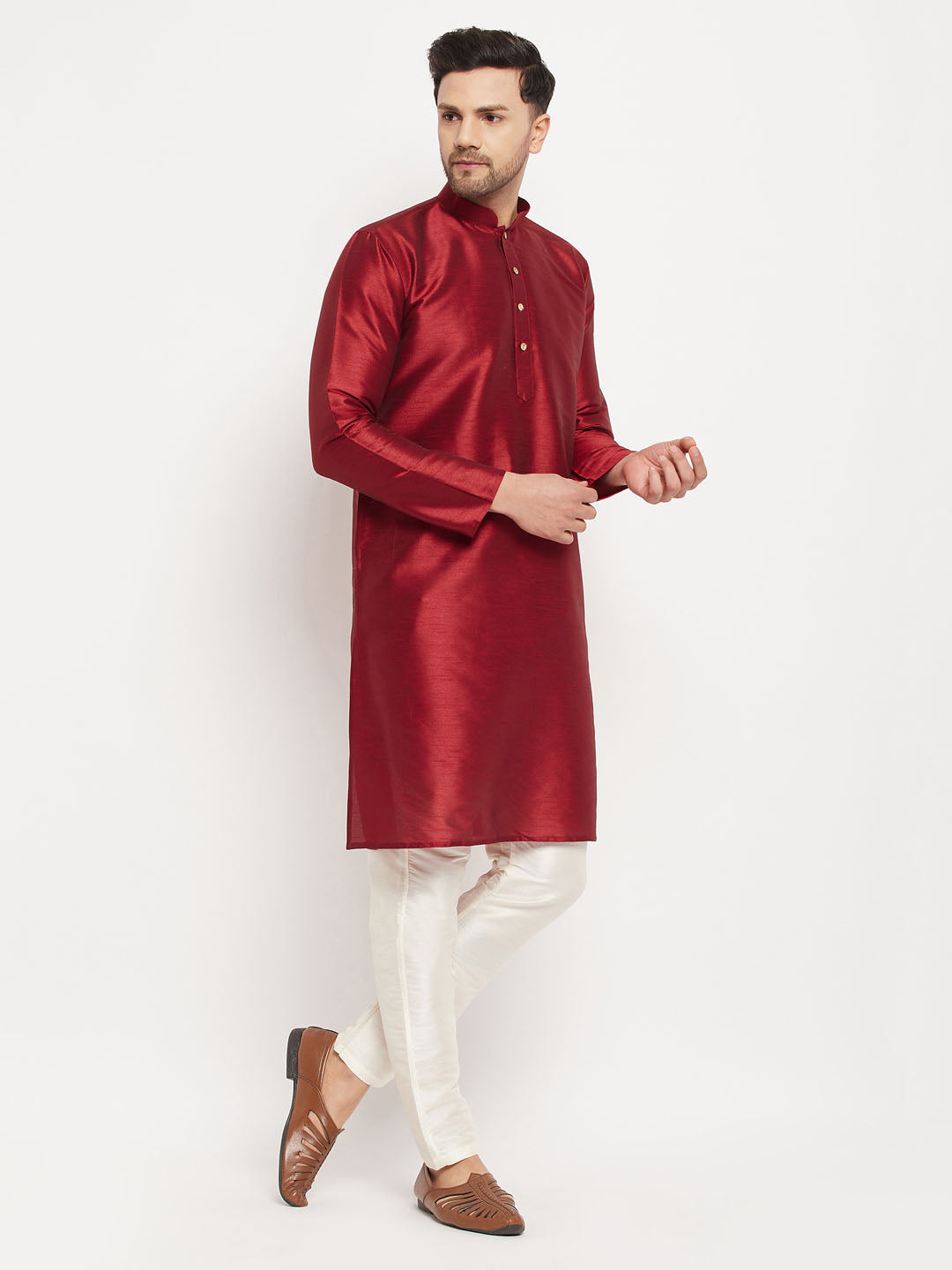 VASTRAMAY Men's Maroon Silk Blend Kurta and Cream Pant Style Pyjama Set