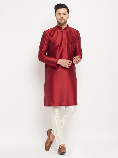 VASTRAMAY Men's Maroon Silk Blend Kurta and Cream Pant Style Pyjama Set