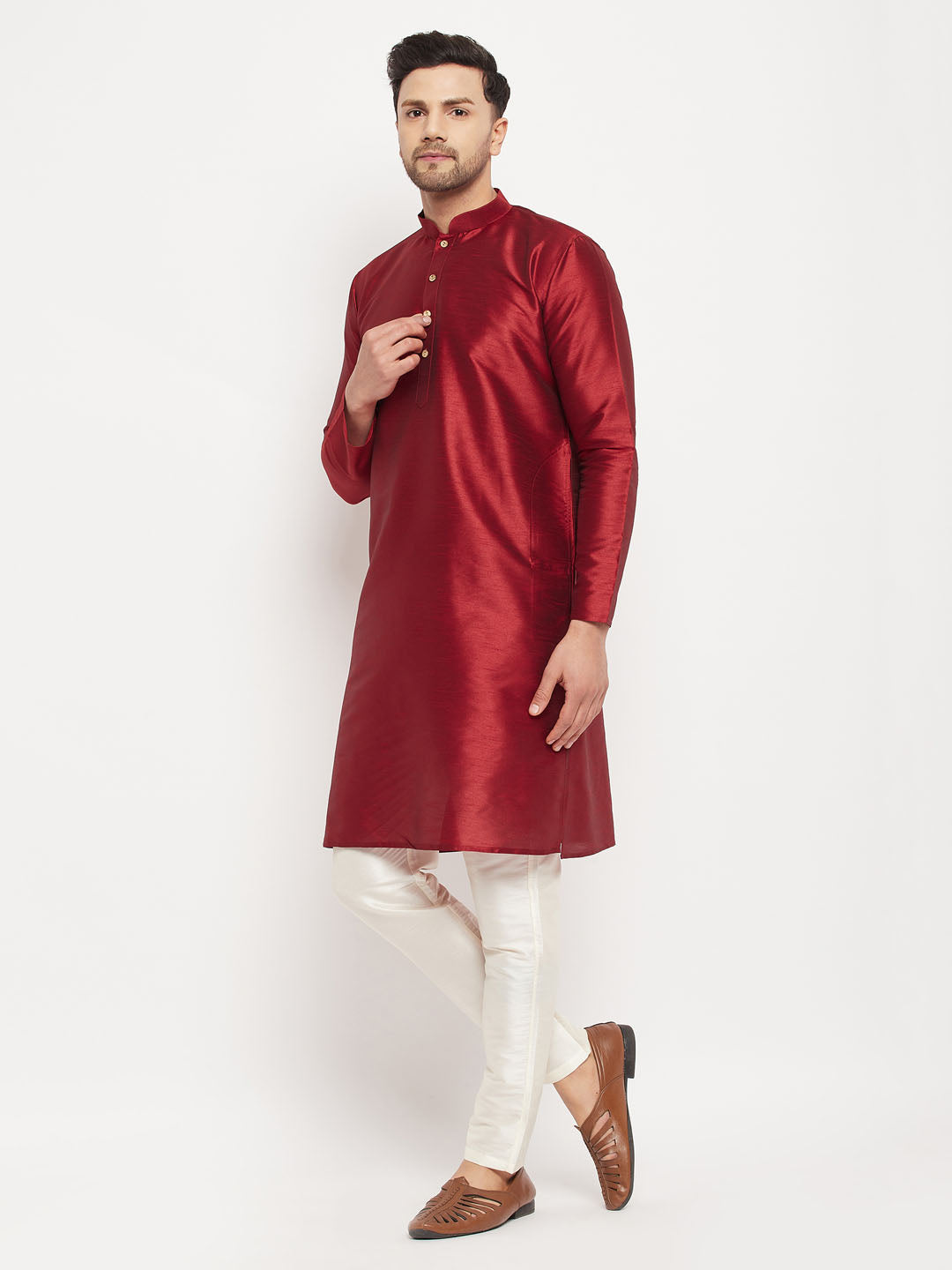 VASTRAMAY Men's Maroon Silk Blend Kurta and Cream Pant Style Pyjama Set